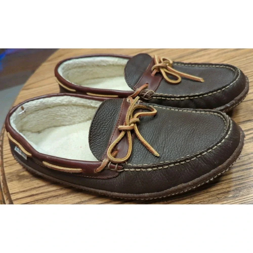 L.L. Bean Mens Moccasin Slippers Brown‎ Leather Moc Toe Bow Shearling Lined 11M